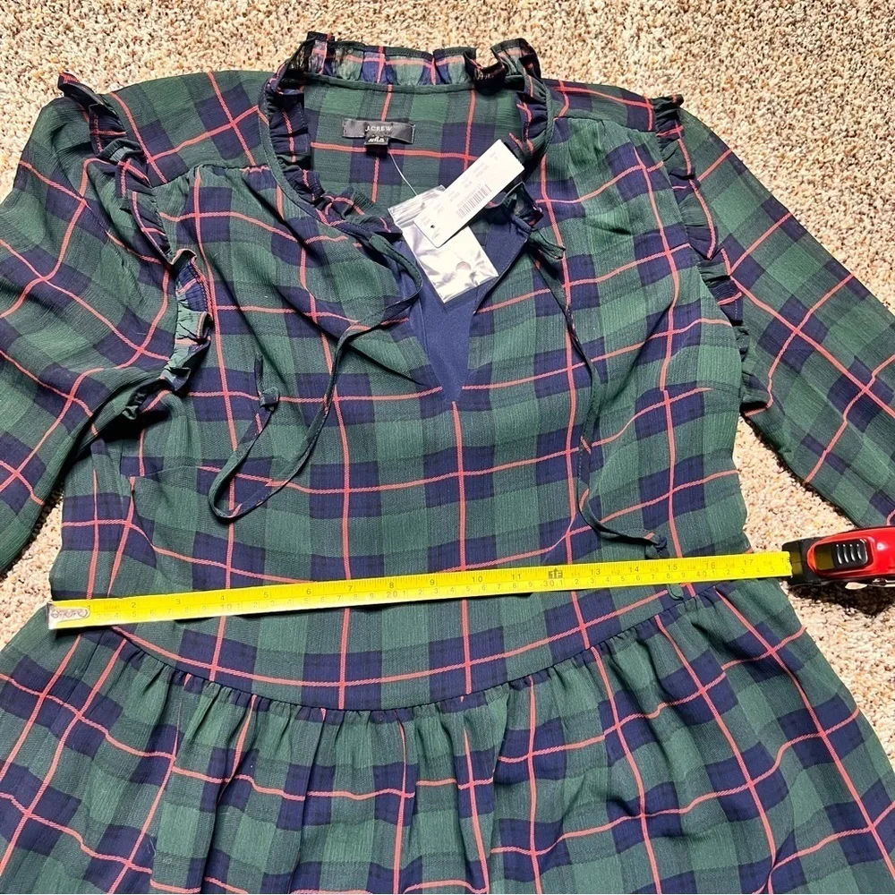 NWT J. Crew Tiered Tie Down Dress Tartan Black Watch Argyle Womens Small Green